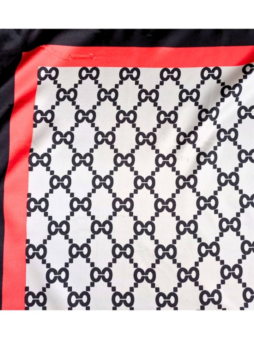 Vintage Geometric Monogram Silk Feel Scarf - Black, White & Red Border Square - Picture 4 of 9
